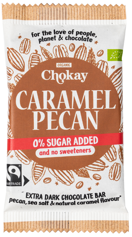 Juodasis šokoladas su pekaninėmis karijomis CARAMEL PECAN, ekologiškas CHOKAY, 70 g