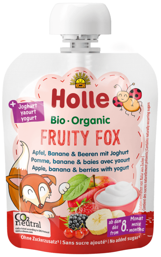 Apple, banana and berry puree with yogurt, organic