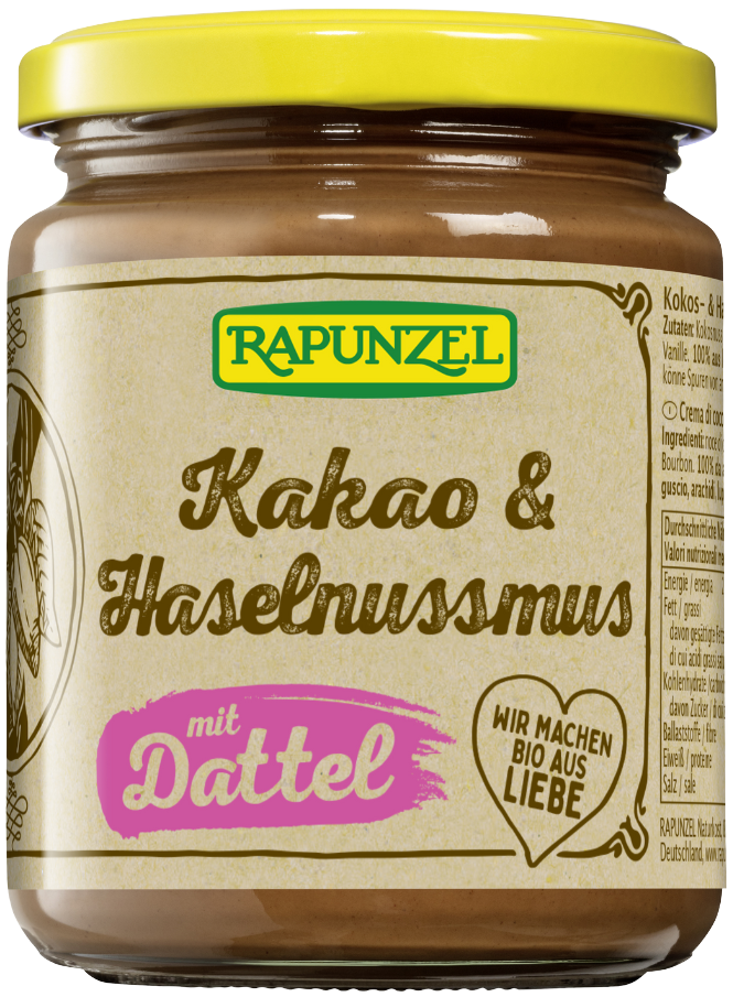 Kokosų ir lazdynų riešutų kremas su datulėmis ir kakava, ekologiškas RAPUNZEL, 250 g
