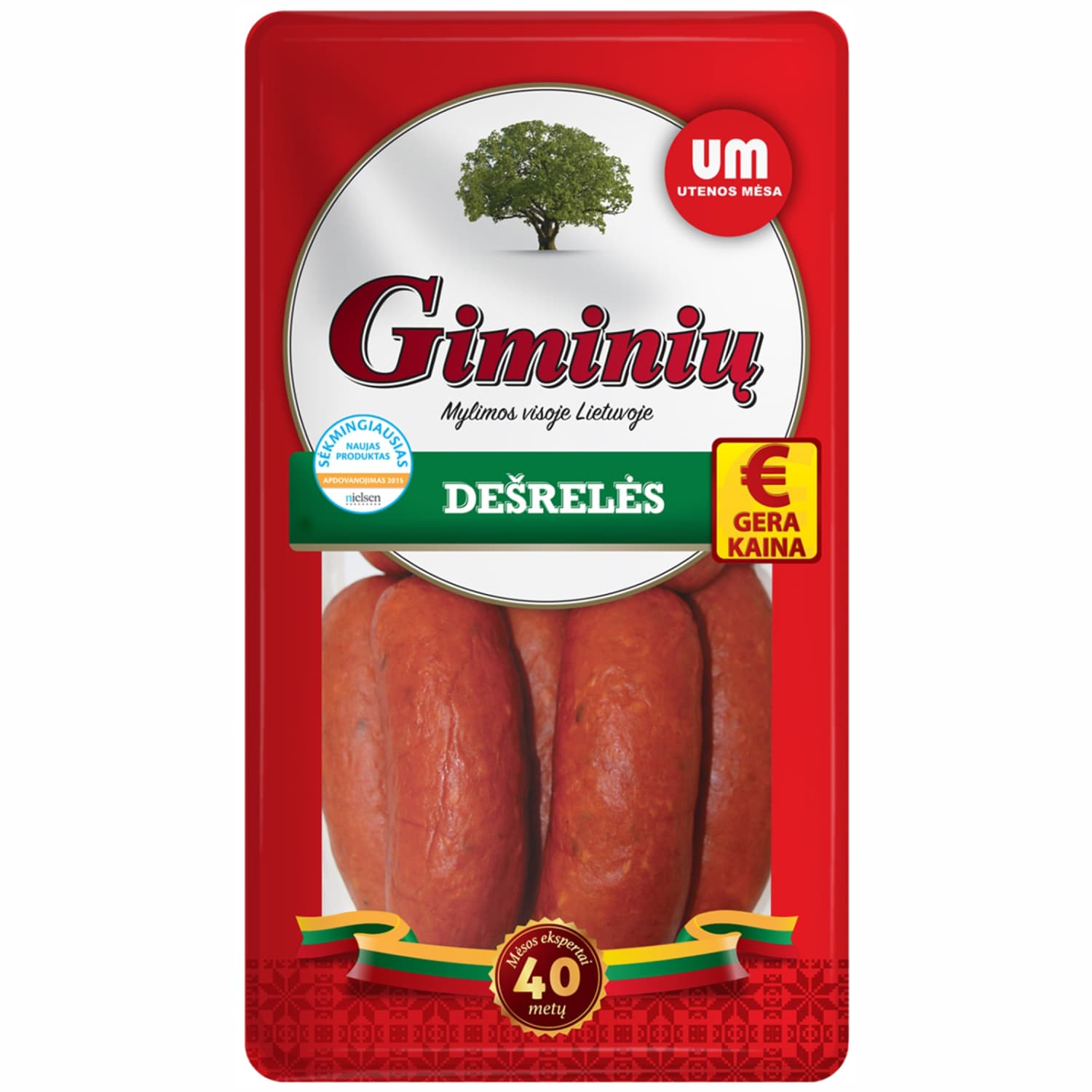 Горячего копчения колбасы GIMINIŲ, I р., 800 г