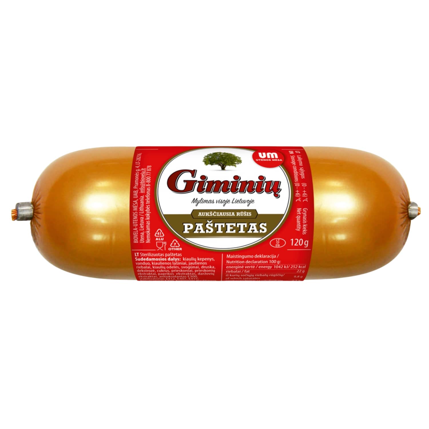 Boiled GIMINIŲ pâté UTENOS MĖSA, 120 g