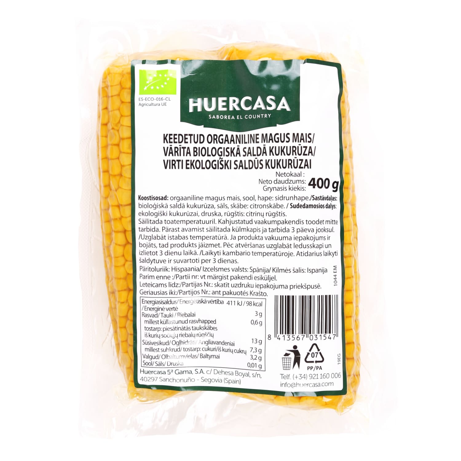 Organic boiled corn cobs, 400 g