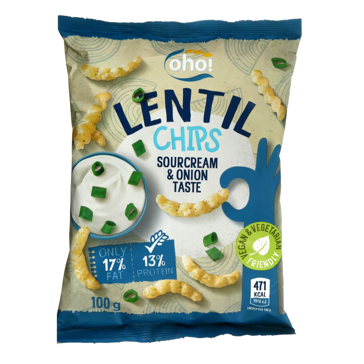 Sour cream and onion flavored red lentil chips OHO, 100 g