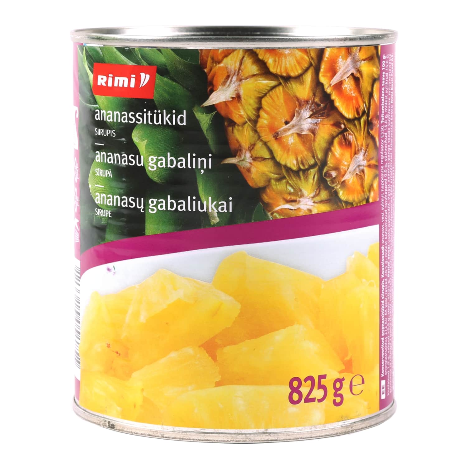 Kons. ananasų gab. sirupe RIMI, 825 g / 490 g