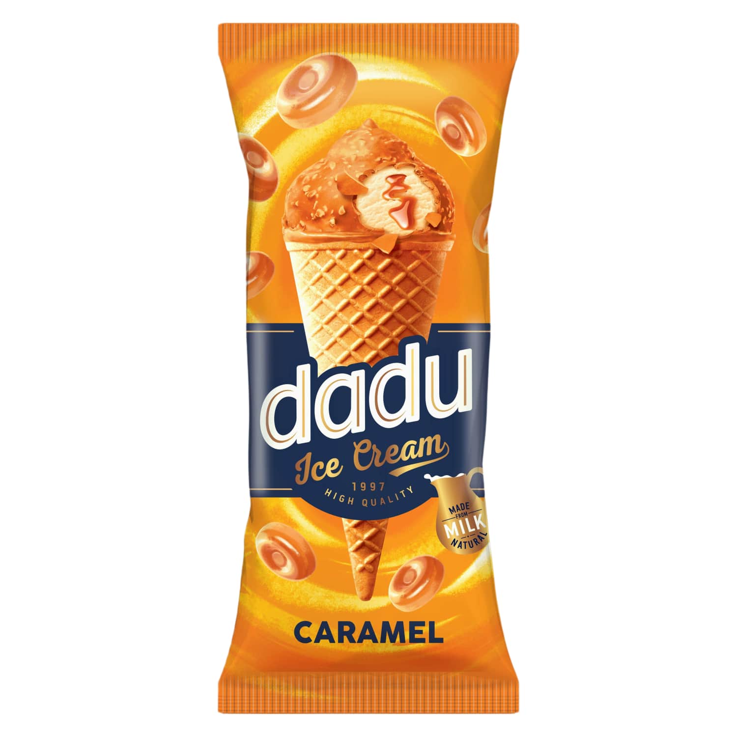 Карамельный съедобный пломбир с вафельными кусочками DADU, 150мл/90г