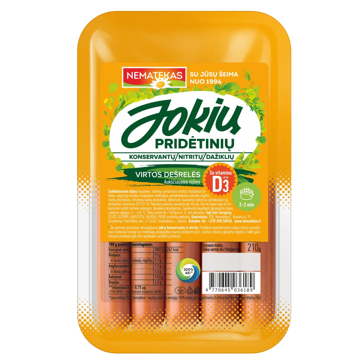 Boiled sausages NO ADDITIVES E, a.r., 210 g
