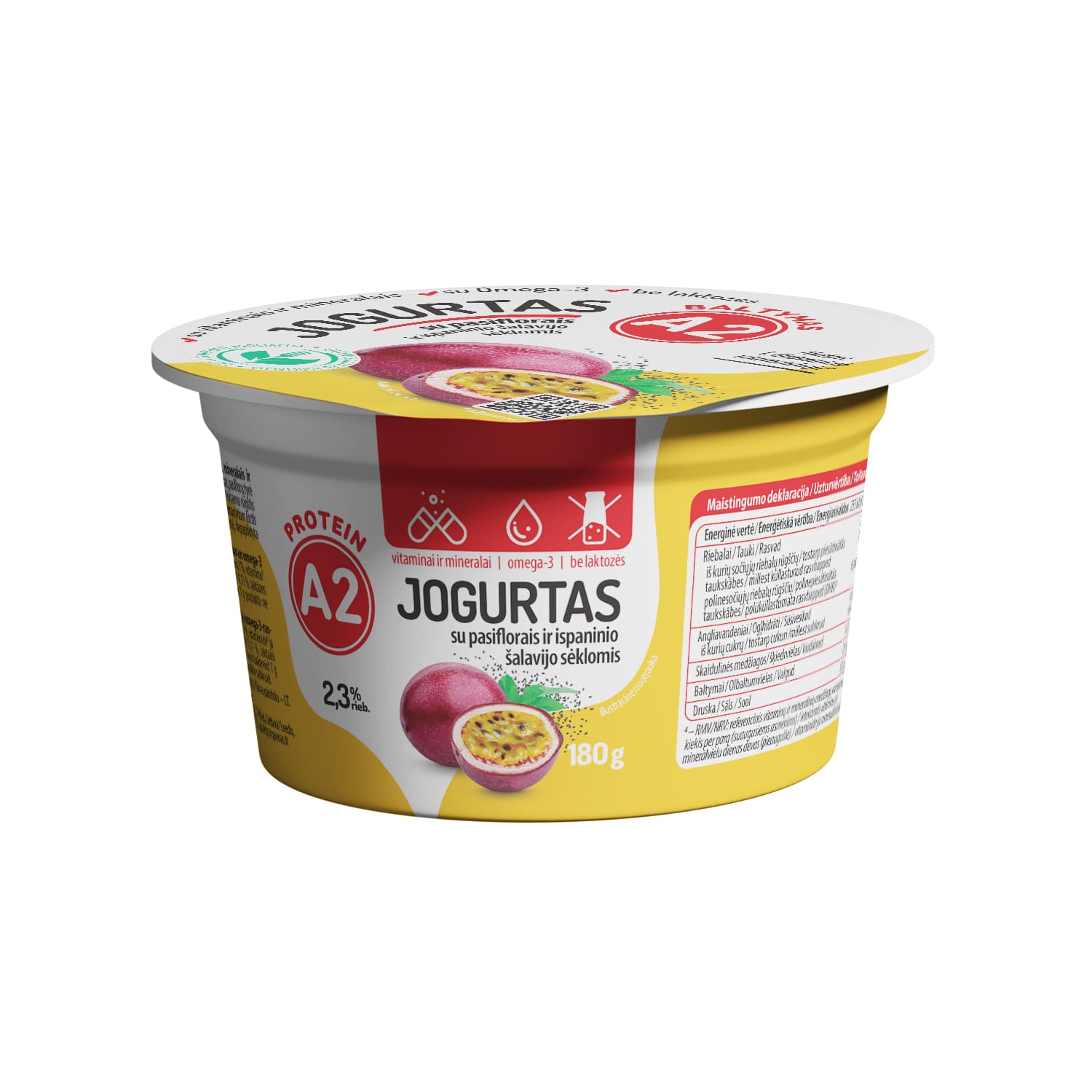 Yogurt A2, lactose-free with passion fruit, 2.3%, 180 g